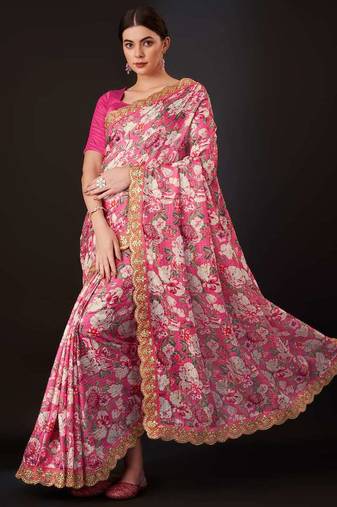 Pink silk embroidered gota patti heavy look ethnic saree with blouse
