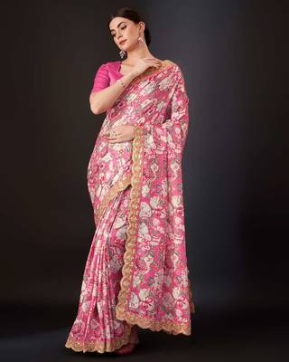 Pink silk embroidered gota patti heavy look ethnic saree with blouse 2
