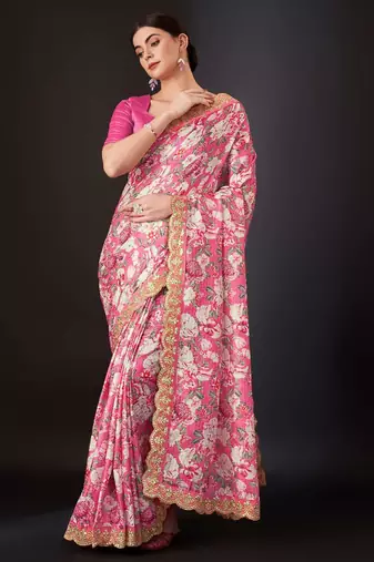 Pink silk embroidered gota patti heavy look ethnic saree with blouse