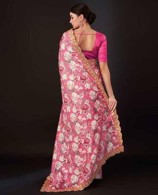 Pink silk embroidered gota patti heavy look ethnic saree with blouse 3