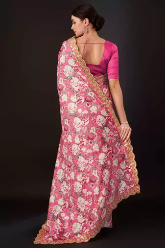 Pink silk embroidered gota patti heavy look ethnic saree with blouse