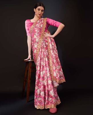 Pink silk embroidered gota patti heavy look ethnic saree with blouse 4