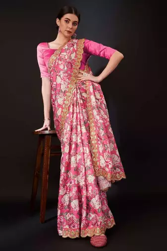 Pink silk embroidered gota patti heavy look ethnic saree with blouse