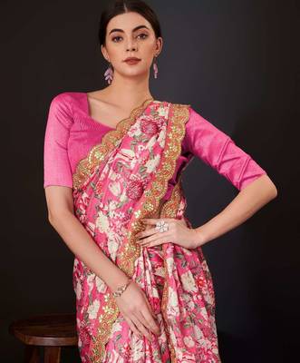 Pink silk embroidered gota patti heavy look ethnic saree with blouse 5