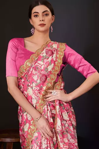 Pink silk embroidered gota patti heavy look ethnic saree with blouse