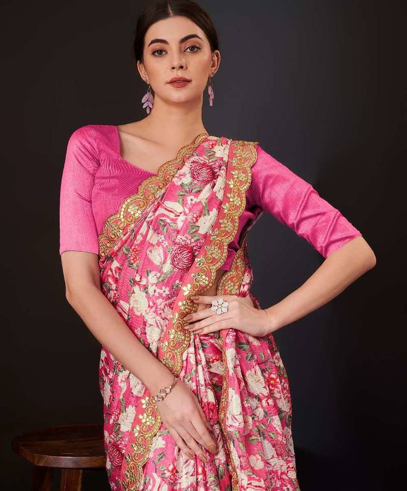 Pink silk embroidered gota patti heavy look ethnic saree with blouse