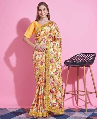 Yellow silk embroidered gota patti heavy look ethnic saree with blouse 1