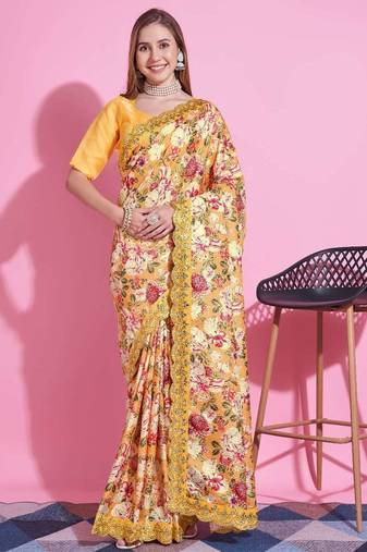 Yellow silk embroidered gota patti heavy look ethnic saree with blouse