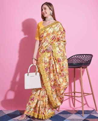 Yellow silk embroidered gota patti heavy look ethnic saree with blouse 2