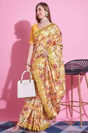 Yellow silk embroidered gota patti heavy look ethnic saree with blouse