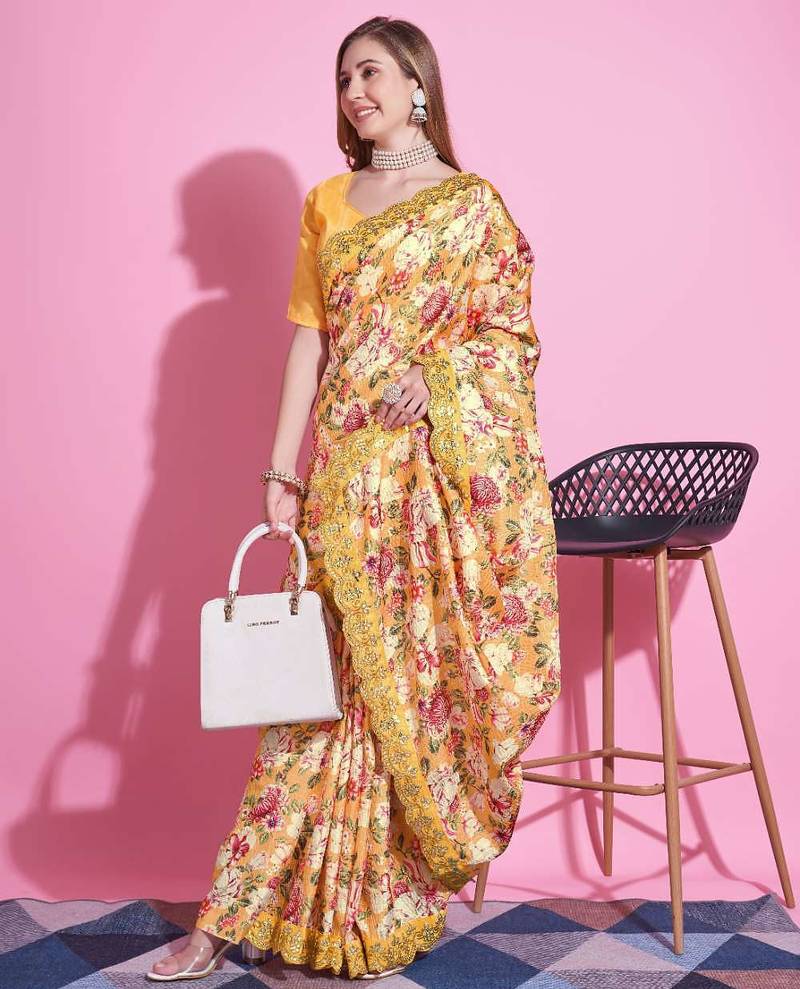Yellow silk embroidered gota patti heavy look ethnic saree with blouse