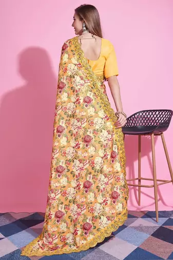 Yellow silk embroidered gota patti heavy look ethnic saree with blouse