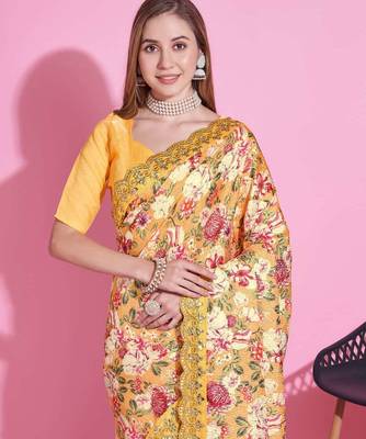Yellow silk embroidered gota patti heavy look ethnic saree with blouse 4