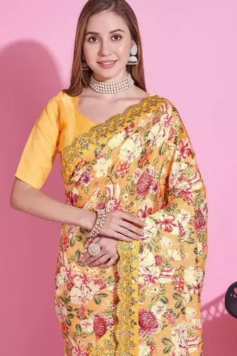 Yellow silk embroidered gota patti heavy look ethnic saree with blouse