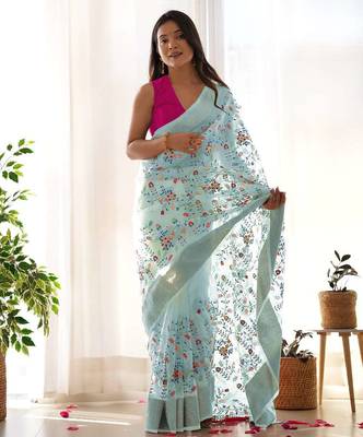 Blue organza embroidered zari woven heavy look ethnic saree with blouse 1