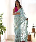 Blue organza embroidered zari woven heavy look ethnic saree with blouse