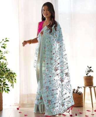Blue organza embroidered zari woven heavy look ethnic saree with blouse 2