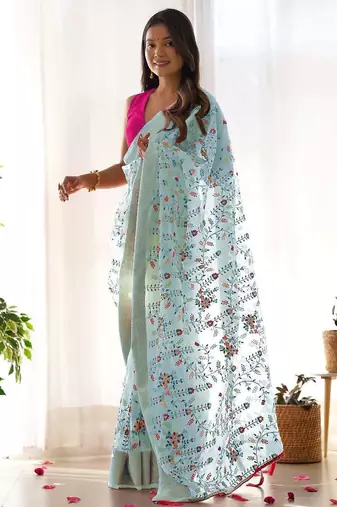 Blue organza embroidered zari woven heavy look ethnic saree with blouse