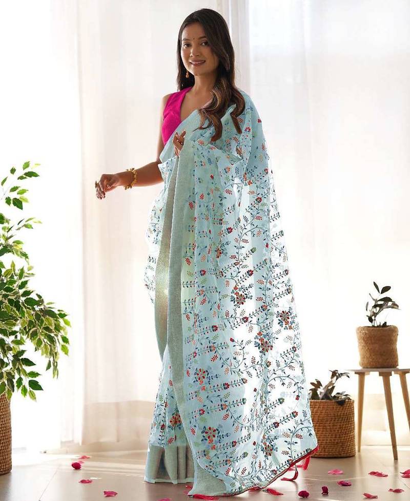 Blue organza embroidered zari woven heavy look ethnic saree with blouse