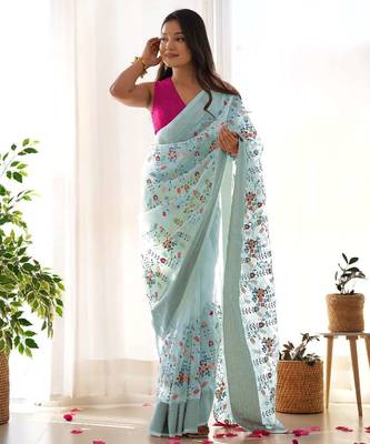 Blue organza embroidered zari woven heavy look ethnic saree with blouse 3