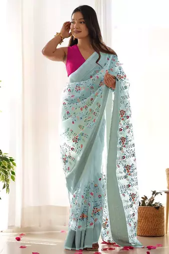 Blue organza embroidered zari woven heavy look ethnic saree with blouse