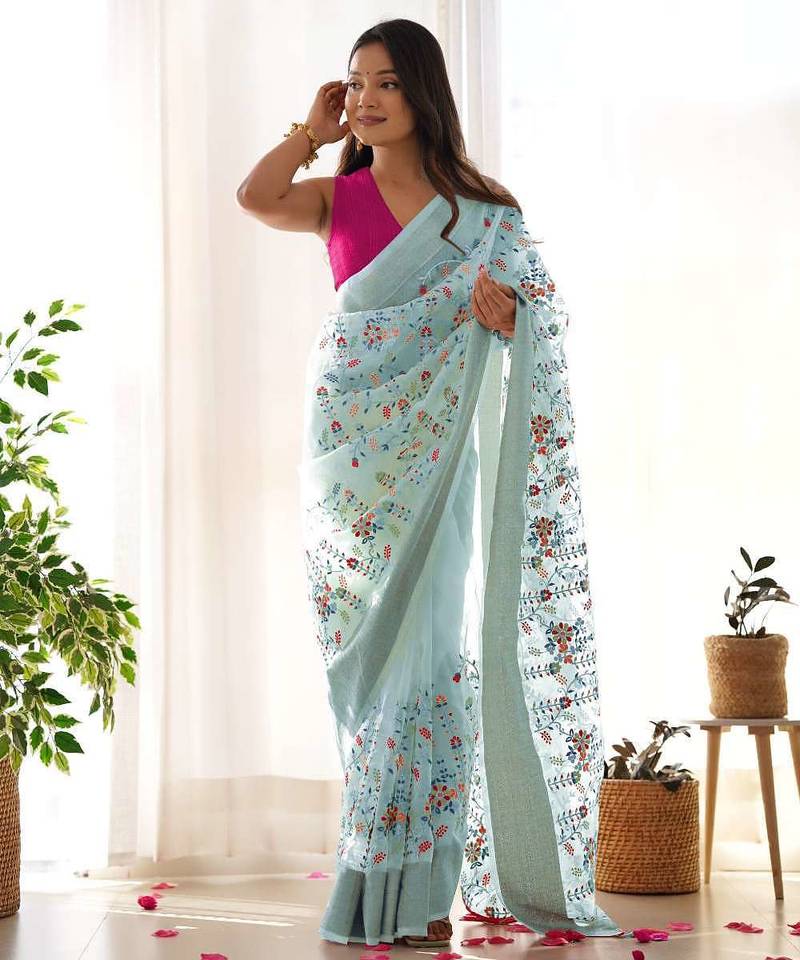 Blue organza embroidered zari woven heavy look ethnic saree with blouse