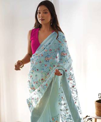 Blue organza embroidered zari woven heavy look ethnic saree with blouse 4