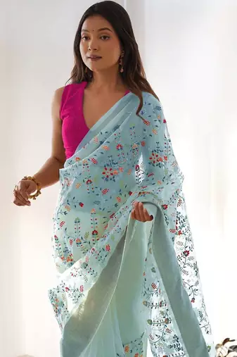 Blue organza embroidered zari woven heavy look ethnic saree with blouse