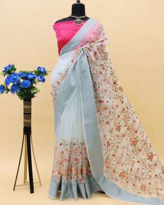 Blue organza embroidered zari woven heavy look ethnic saree with blouse 5