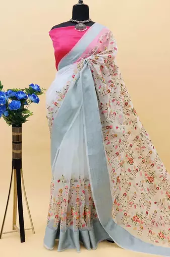 Blue organza embroidered zari woven heavy look ethnic saree with blouse