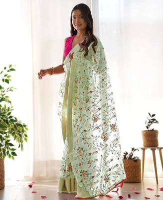Green organza embroidered zari woven heavy look ethnic saree with blouse 2