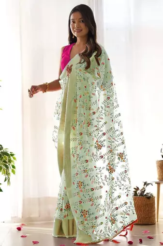Green organza embroidered zari woven heavy look ethnic saree with blouse