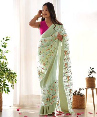 Green organza embroidered zari woven heavy look ethnic saree with blouse 3