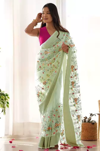 Green organza embroidered zari woven heavy look ethnic saree with blouse
