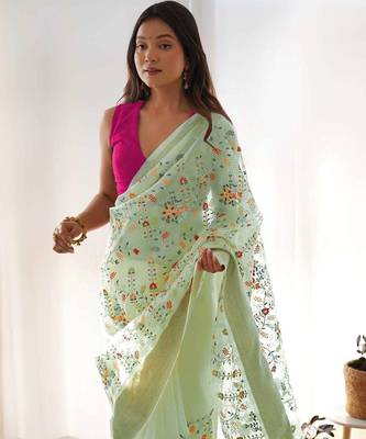 Green organza embroidered zari woven heavy look ethnic saree with blouse 4