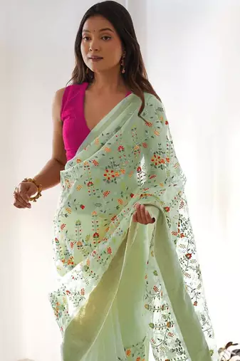 Green organza embroidered zari woven heavy look ethnic saree with blouse
