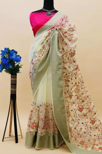 Green organza embroidered zari woven heavy look ethnic saree with blouse