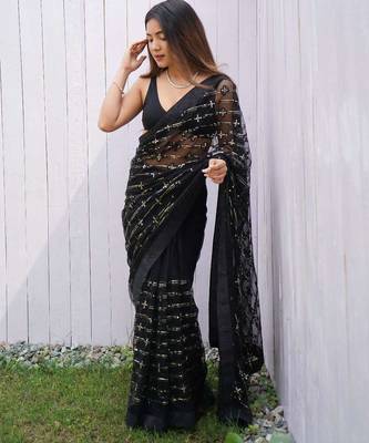 Black net embroidered sequins work heavy look ethnic saree with blouse 1