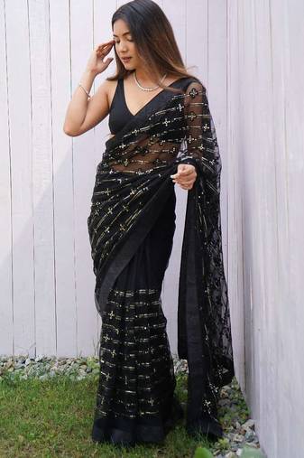 Black net embroidered sequins work heavy look ethnic saree with blouse