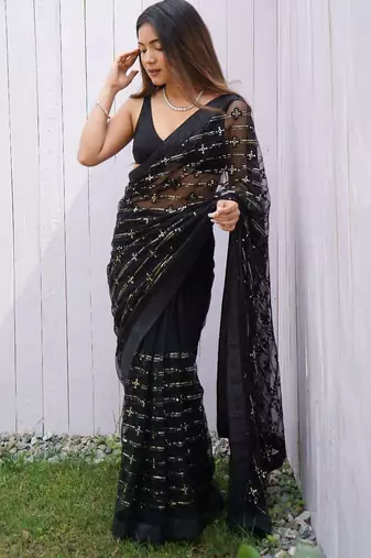 Black net embroidered sequins work heavy look ethnic saree with blouse