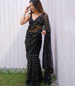 Black net embroidered sequins work heavy look ethnic saree with blouse
