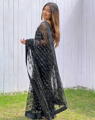 Black net embroidered sequins work heavy look ethnic saree with blouse 2
