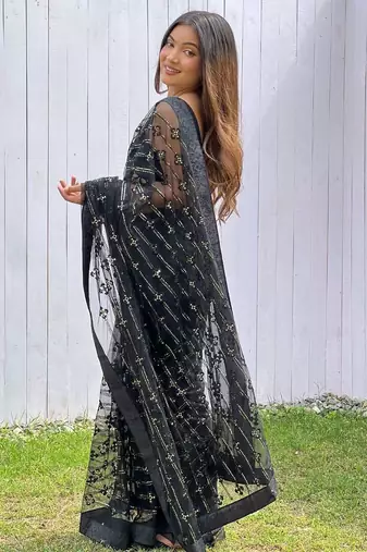 Black net embroidered sequins work heavy look ethnic saree with blouse