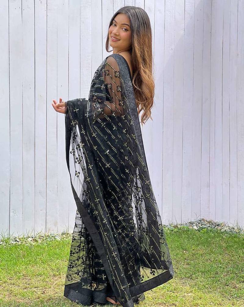 Black net embroidered sequins work heavy look ethnic saree with blouse