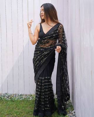 Black net embroidered sequins work heavy look ethnic saree with blouse 3
