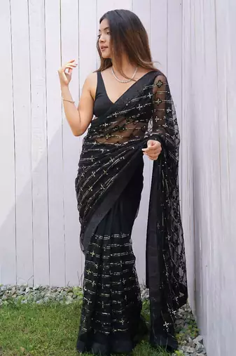 Black net embroidered sequins work heavy look ethnic saree with blouse