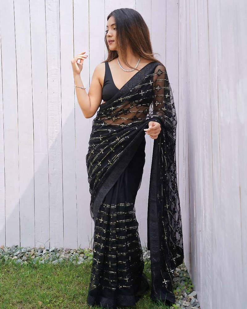 Black net embroidered sequins work heavy look ethnic saree with blouse