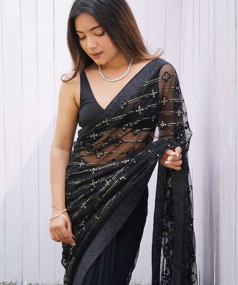 Black net embroidered sequins work heavy look ethnic saree with blouse