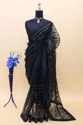 Black net embroidered sequins work heavy look ethnic saree with blouse 5