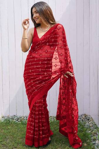 Red net embroidered sequins work heavy look ethnic saree with blouse